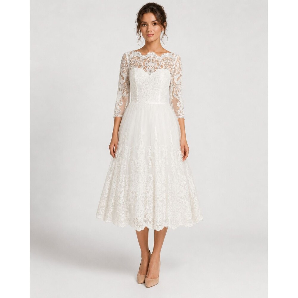 Chi Chi London White Lace Illusion Sleeve A-Line Midi Dress UK 12 US 8